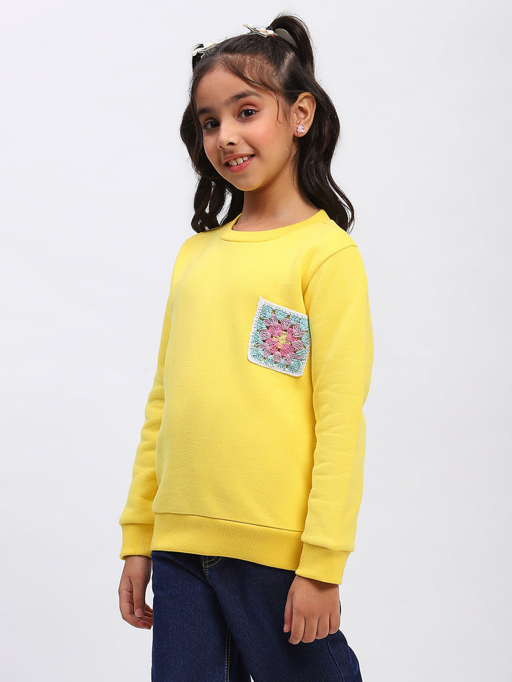 Girls Yellow Embroidered Floral Pocket Sweatshirt