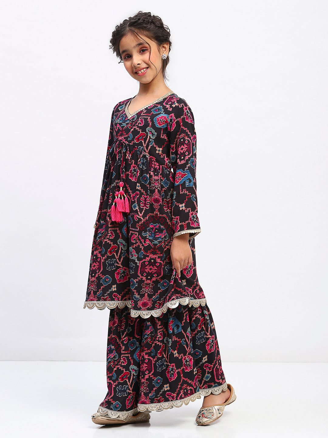 Girls Floral Print Ethnic Tiered  Kurta and Sharara Set