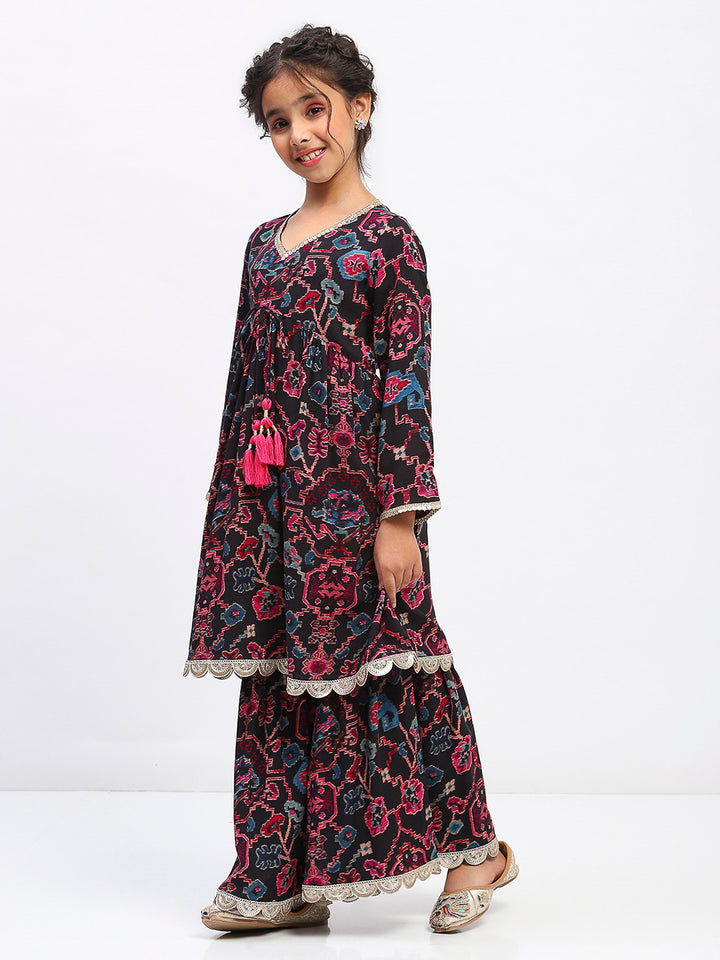 Girls Floral Print Ethnic Tiered  Kurta and Sharara Set