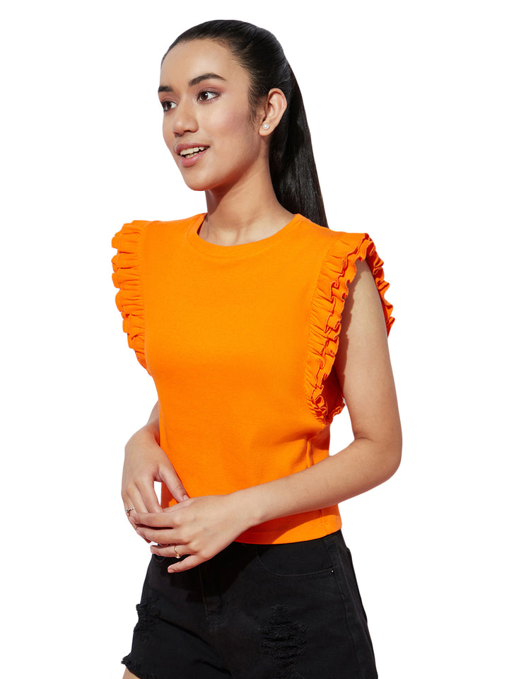 Combo of 3 Ribbed Solid Cotton Top with Round Neck and Ruffled Sleeves