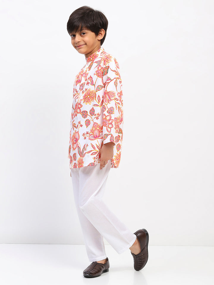Boys Cotton Floral Print  Ethnic Kurta Pajama Set