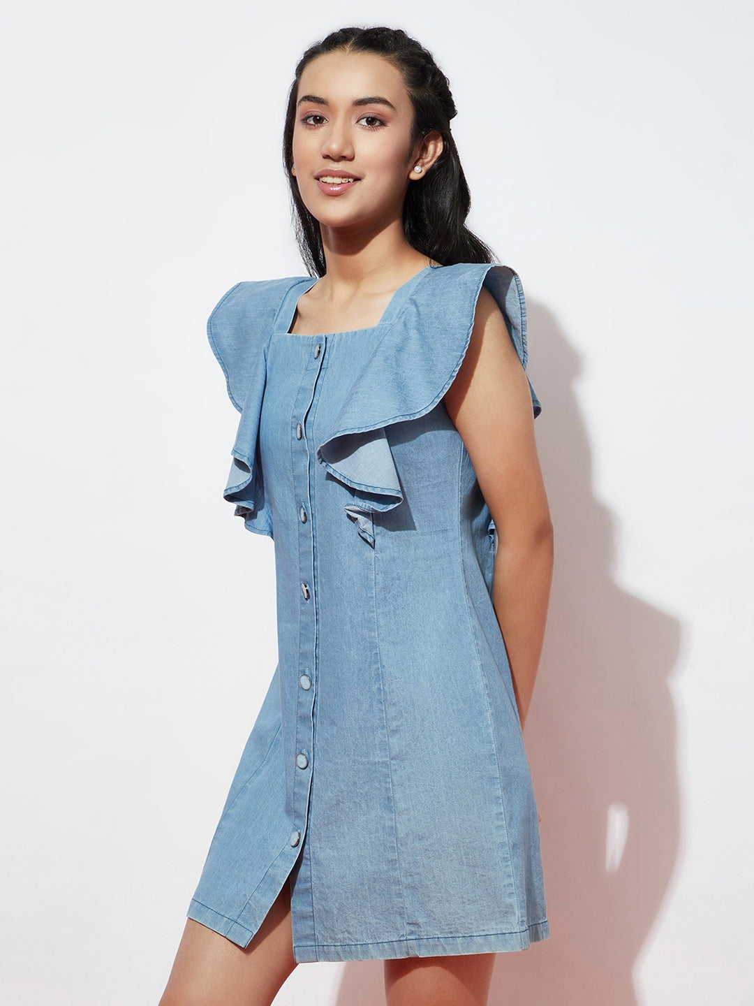 Denim Flutter Sleeve Dress