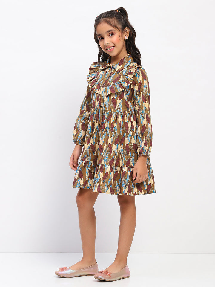 Girls Brown Abstract Print Fit and Flare Dress