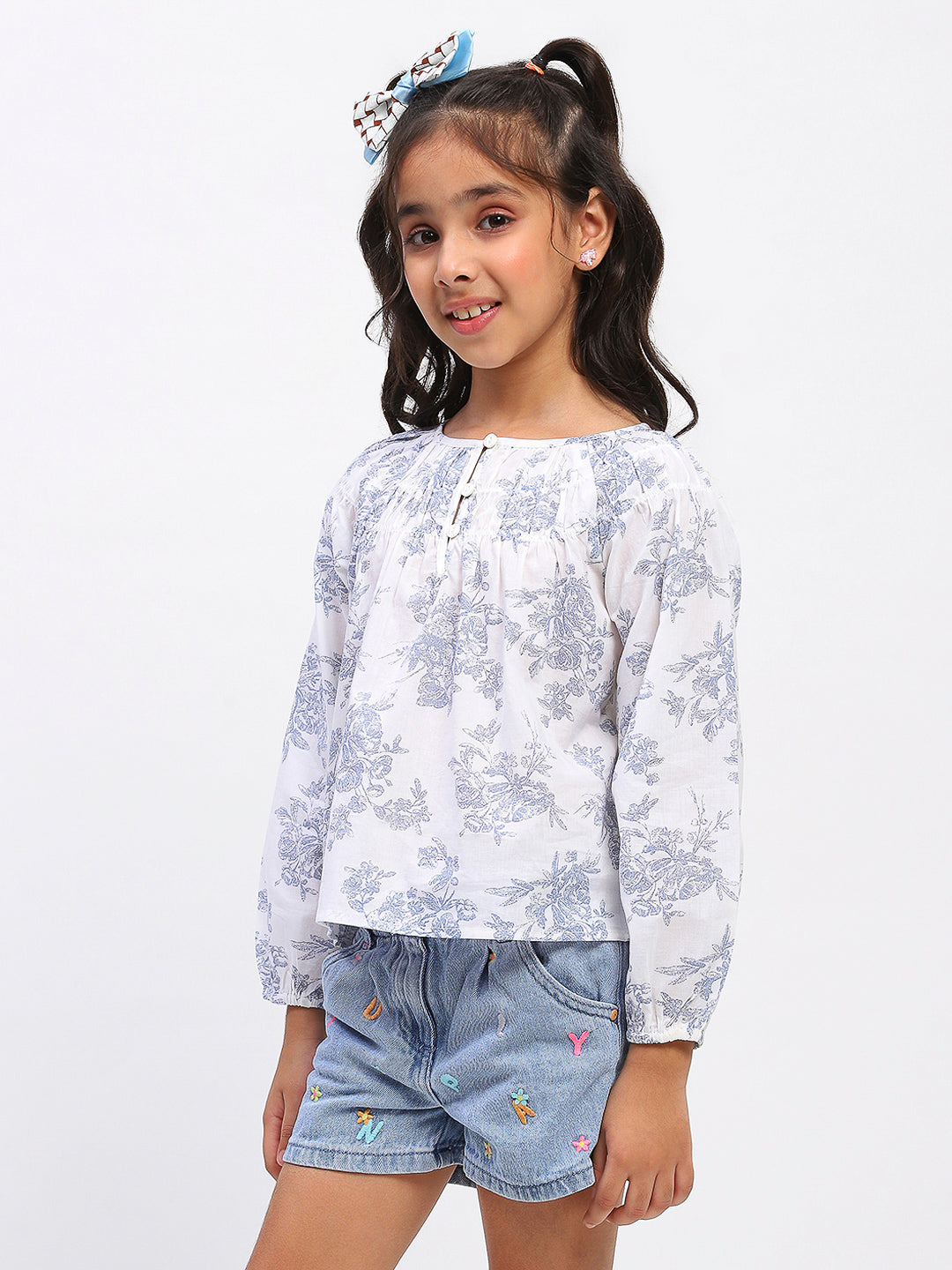 Girls White Cotton Printed Top