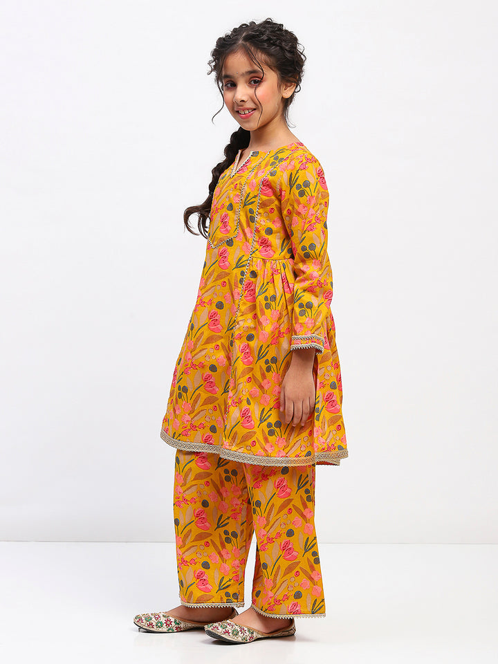 Girls Yellow Floral Print Ethnic Kurta and Palazzo Set