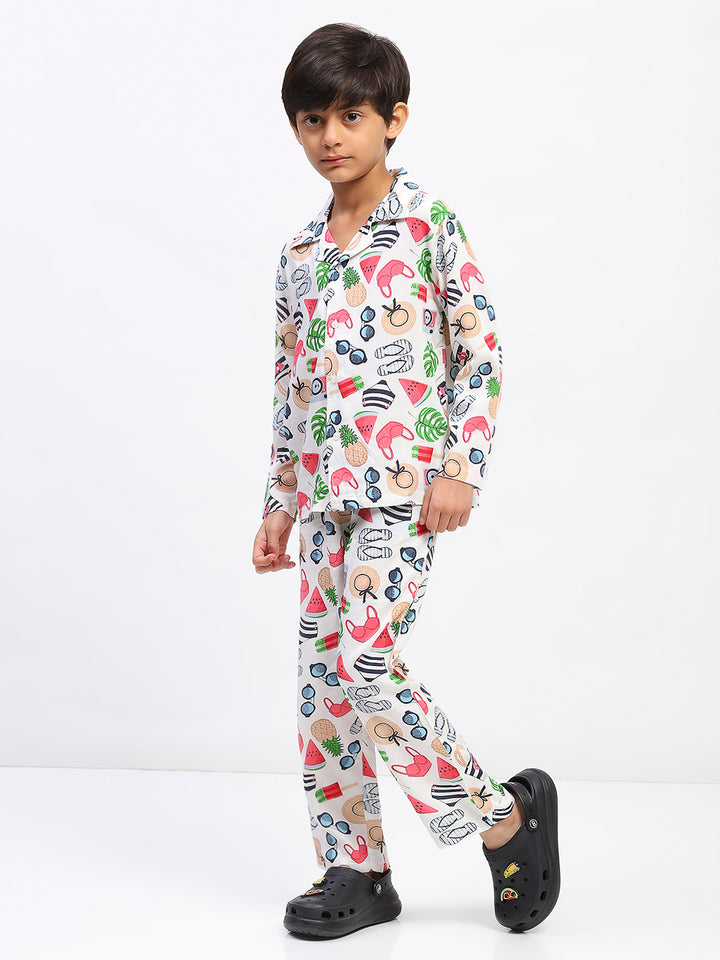 Boys White Collar Neck Printed Nightwear Co-Ord Set