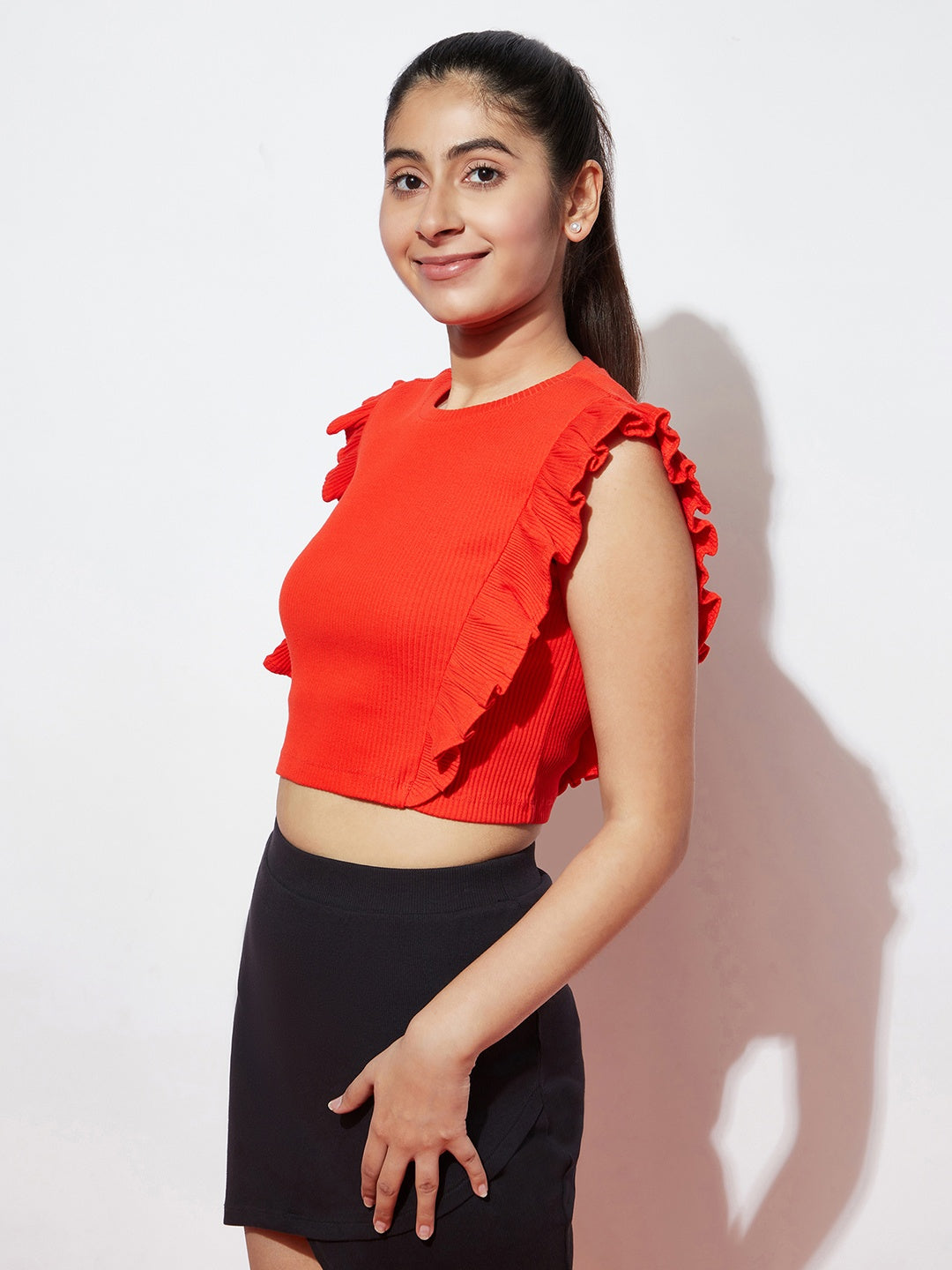 Red Ruffle Stretch Ribbed Top