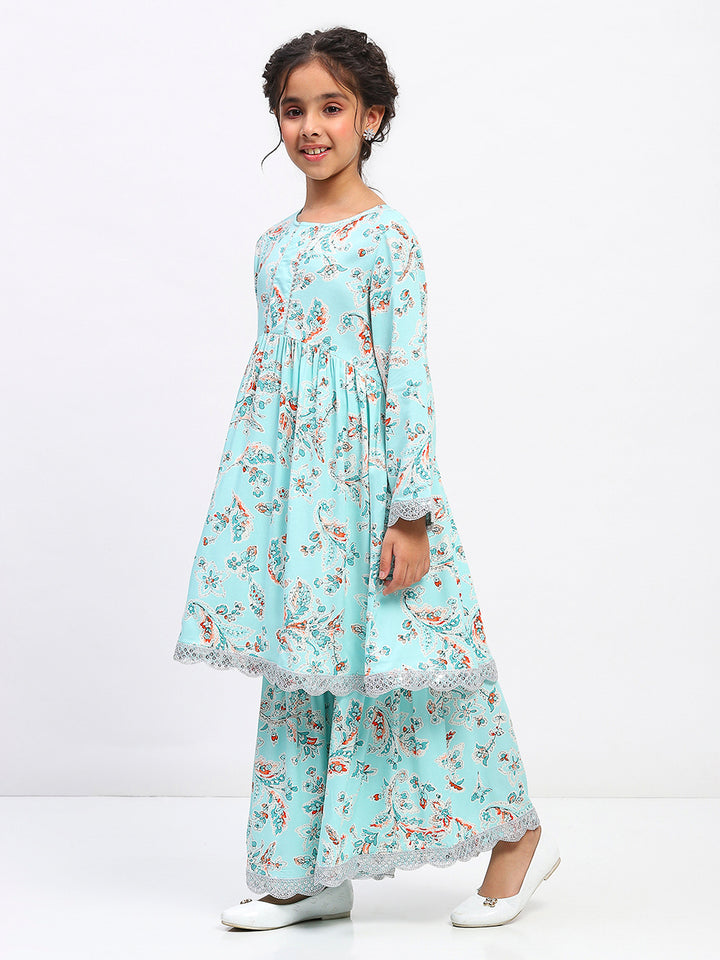 Girls Floral Print Ethnic Tiered  Kurta and Sharara Set