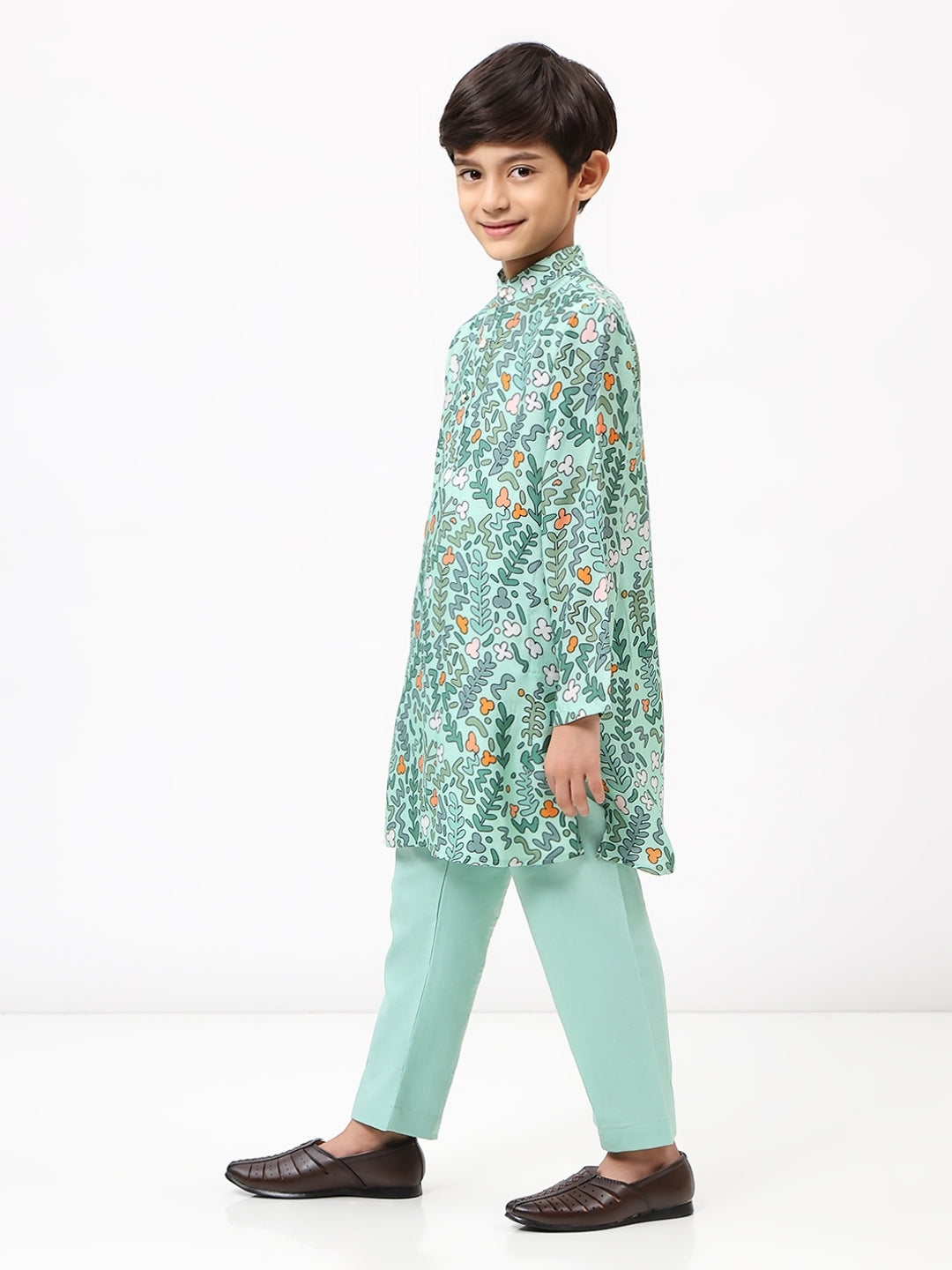 Boys Cotton Chanderi Green Printed Kurta Set