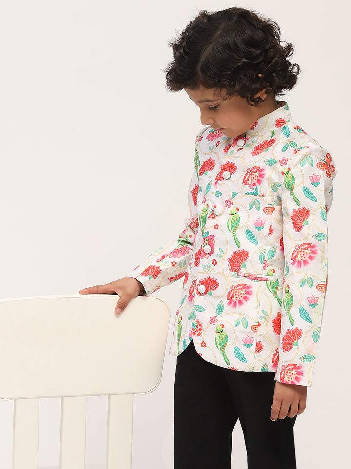 Spunkies white Elegant Floral Print Kids Ethnic Jacket with Mandarin Collar