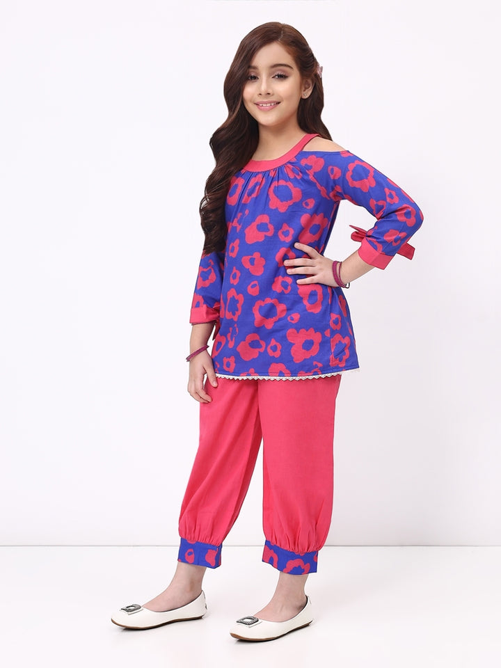 Girls Cotton Linen Blue Printed  Ethnic Co-Ord Set