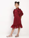 Girl's Maroon Collared Pleated Tulle Cap Sleeve Dress