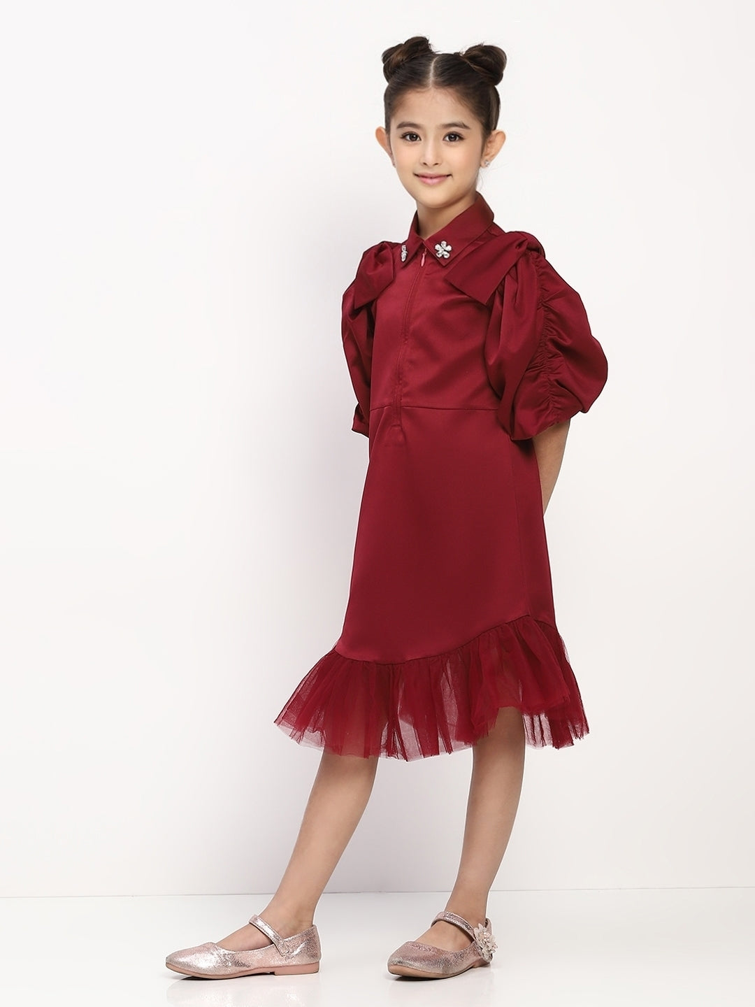 Girl's Maroon Collared Pleated Tulle Cap Sleeve Dress