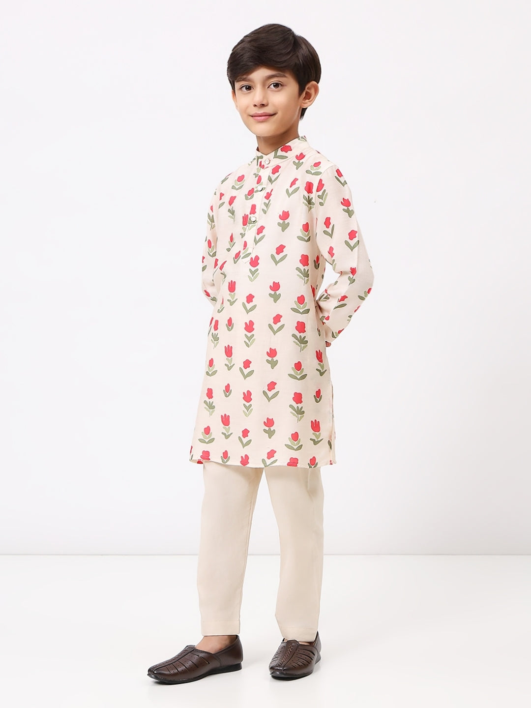 Boys Cotton Chanderi Cream Floral Printed Kurta Set