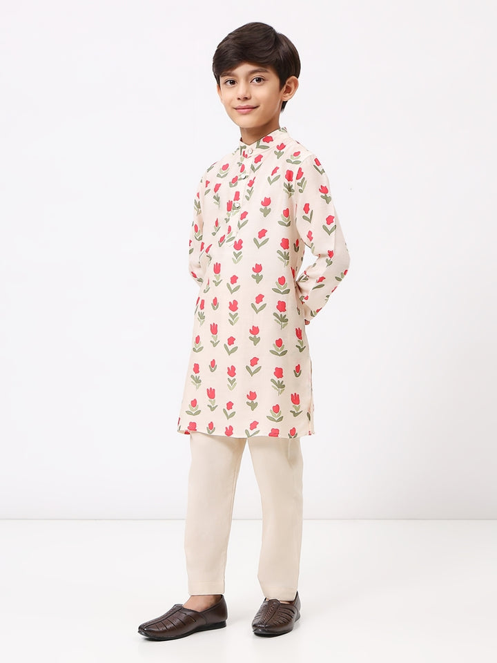 Boys Cotton Chanderi Cream Floral Printed Kurta Set