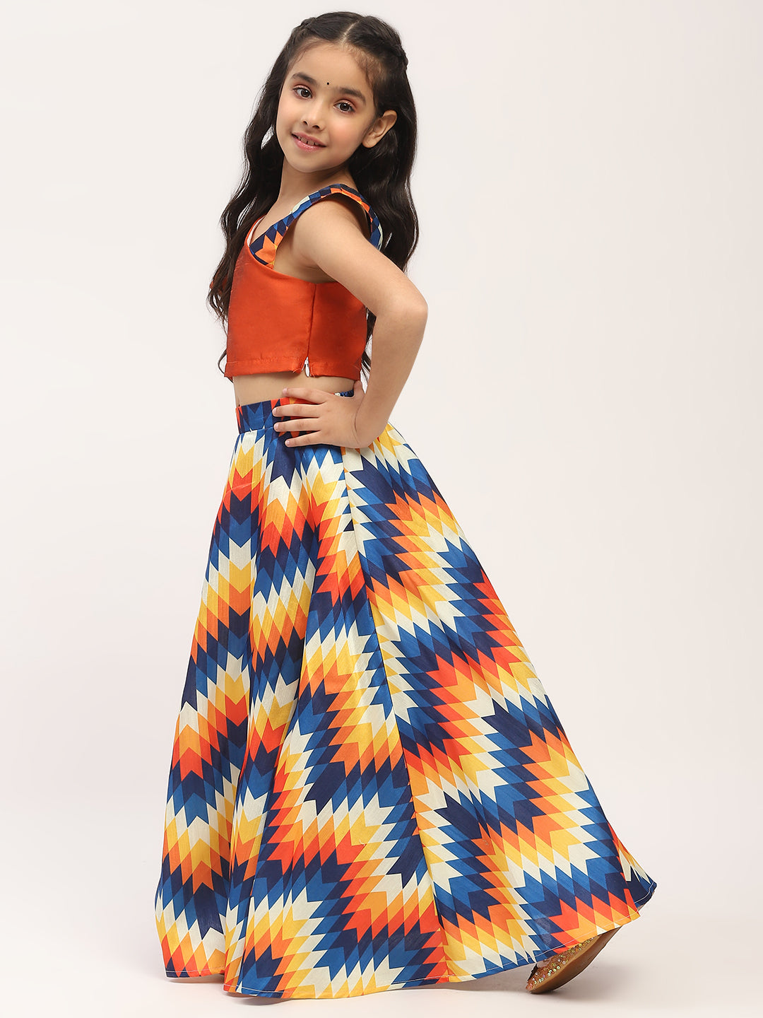 Spunkies Girls Orange and Blue Printed Lehenga with One-Shoulder Frilled Blouse Set