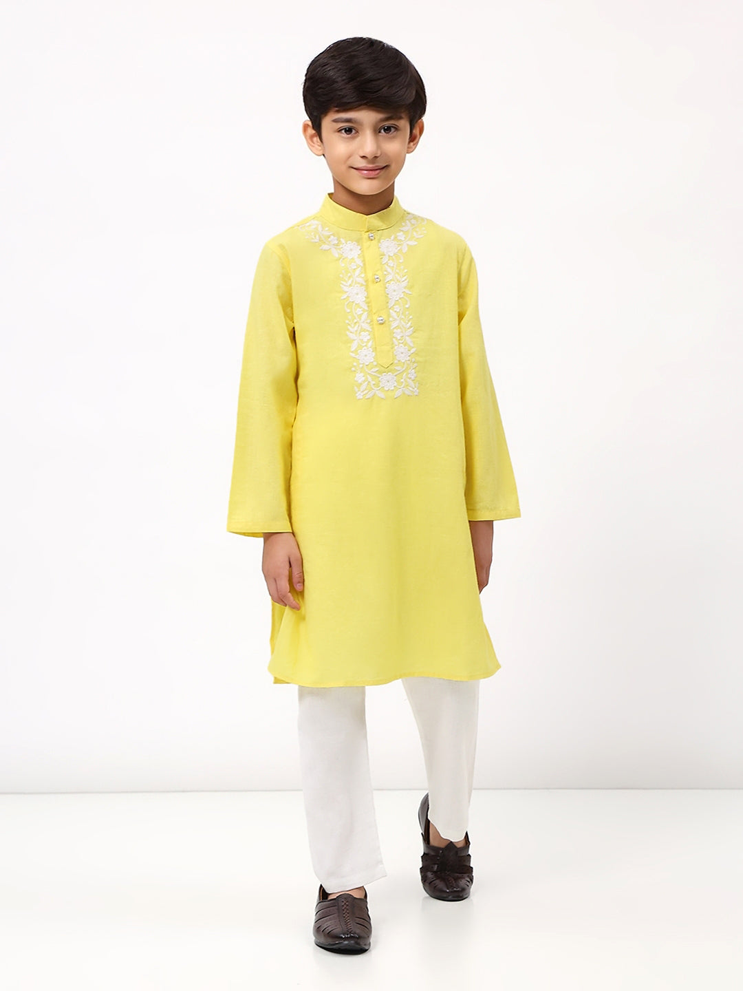 Boys Cotton Linen Yellow Embroidered Kurta Set