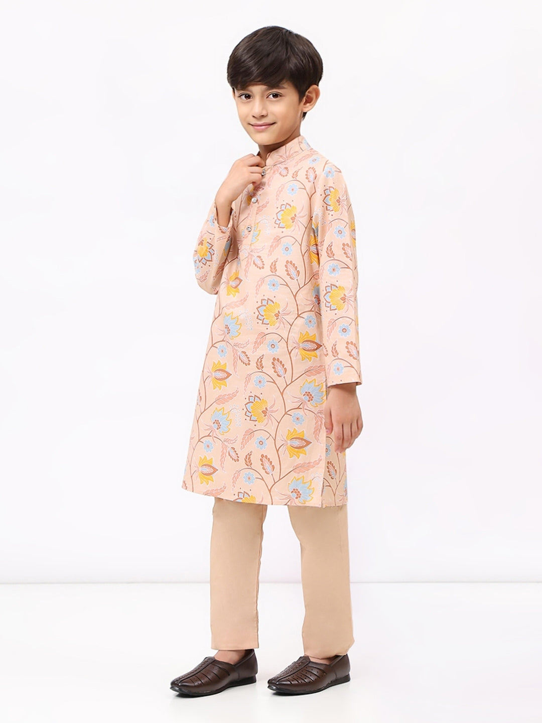 Boys Peach Floral Printed Ethnic Kurta Set