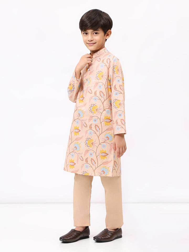 Boys Peach Floral Printed Ethnic Kurta Set