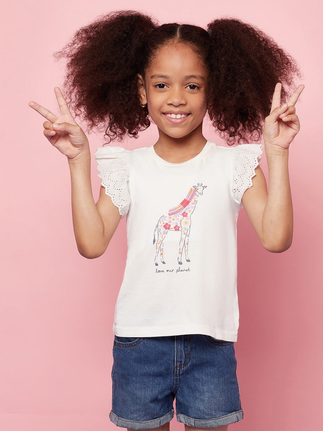 Kid Girls' White T-Shirt with Ruffle Sleeves and Pink Pants