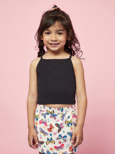 Kid Girls' Black Sleeveless Top and Butterfly Print White Skirt