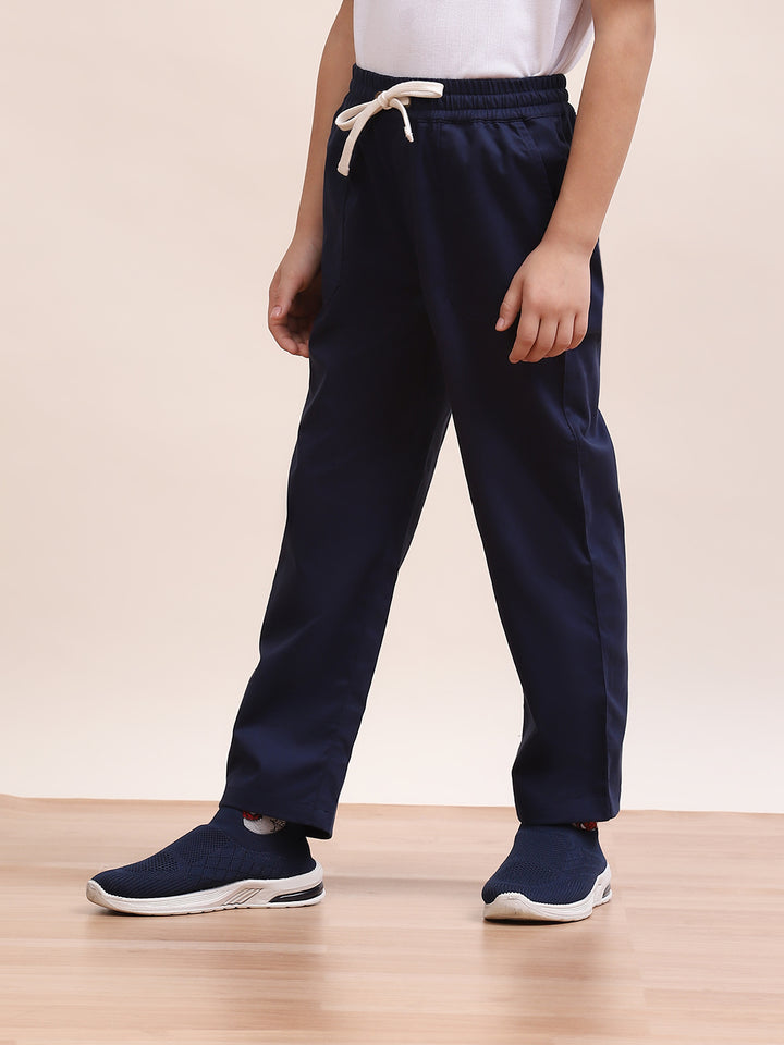 Spunkies Twill Cotton Woven Solid Regular Casual Wear Pant Boys Navy Blue Soft Fabric