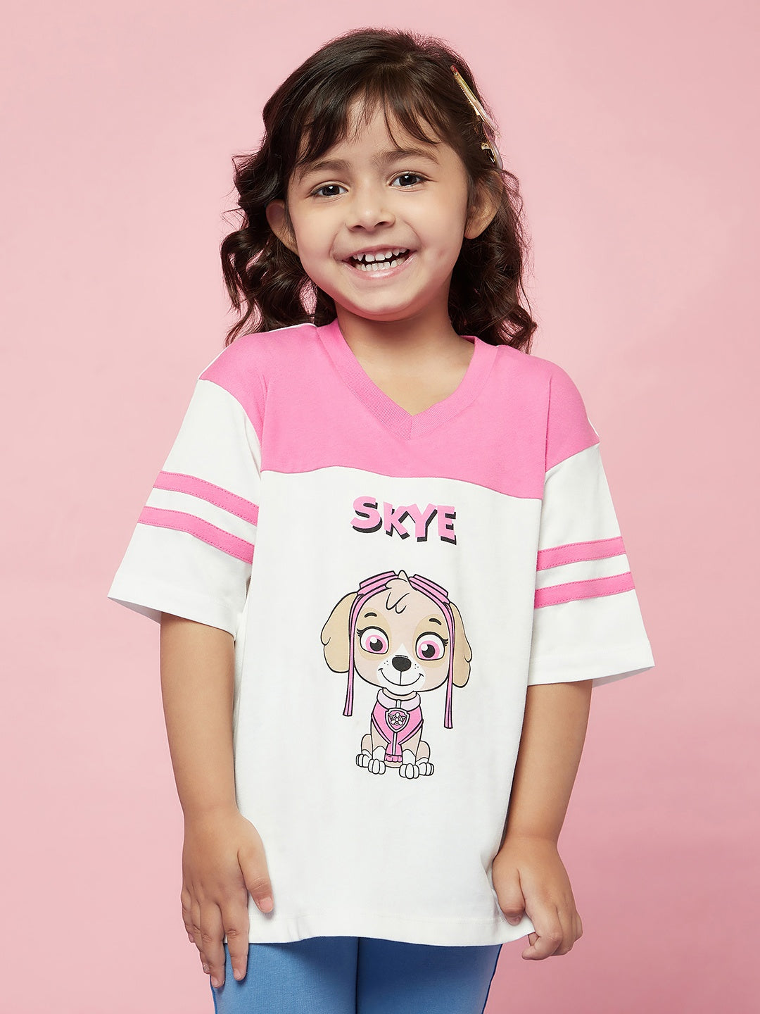 Kid Girl Cute Pink and White Puppy Print T-Shirt with Blue Pants Set