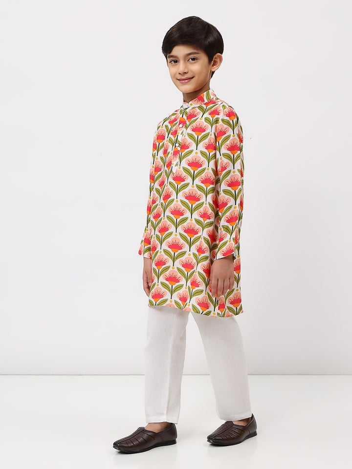 Boys Cotton Chanderi White Floral Printed Kurta Set