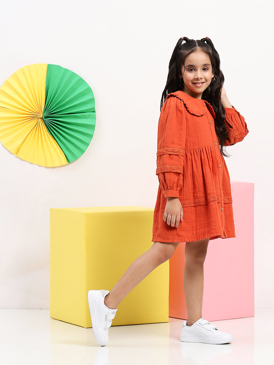 Girls' Rust Button-Down Dress with Ruffled Collar