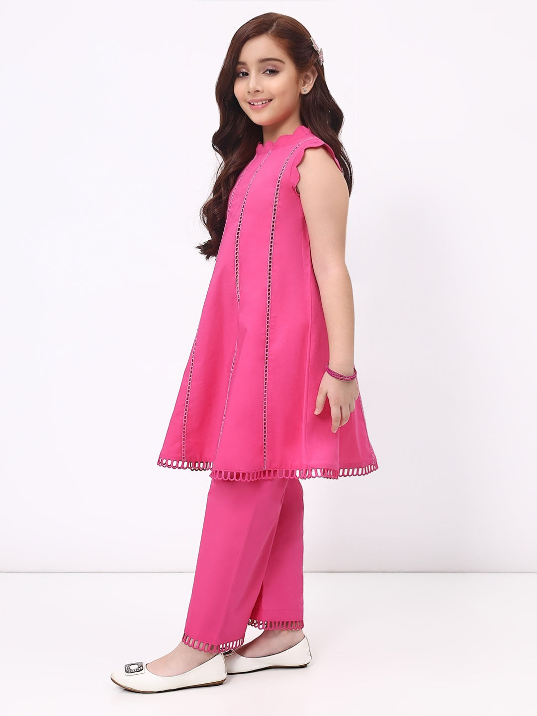 Girls Fuchsia Pink Ethnic Sleeveless Kurta with Palazzo Co-Ord Set