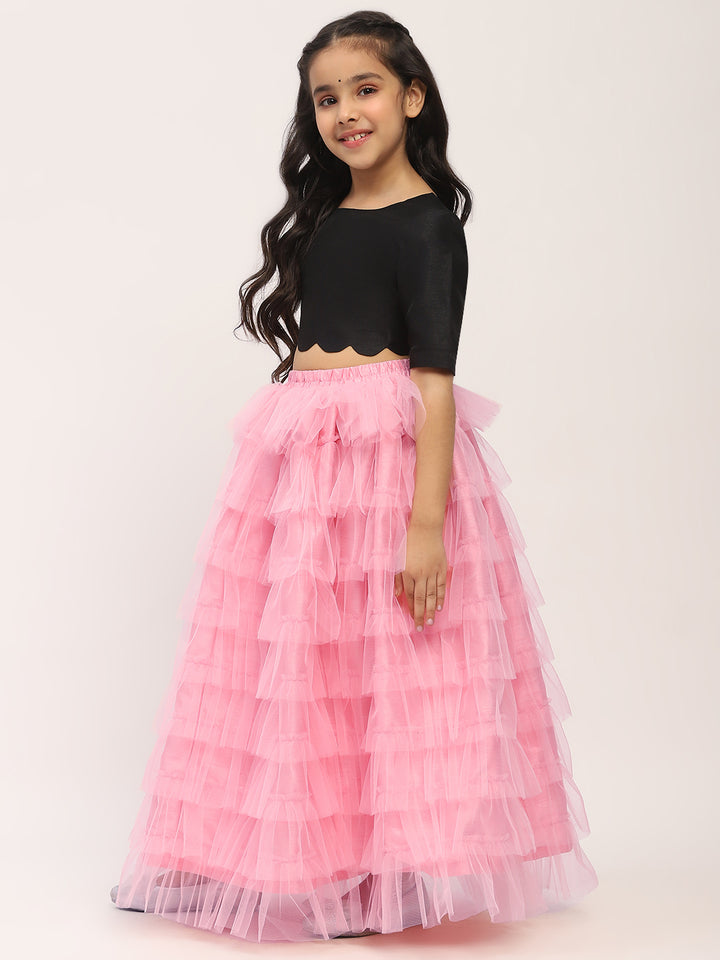 Pink Ruffles Lehenga Set with Black Blouse