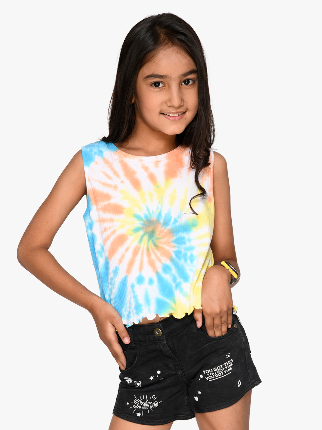 Teen Girl Multicolor T-Shirt and Yellow Shorts Set