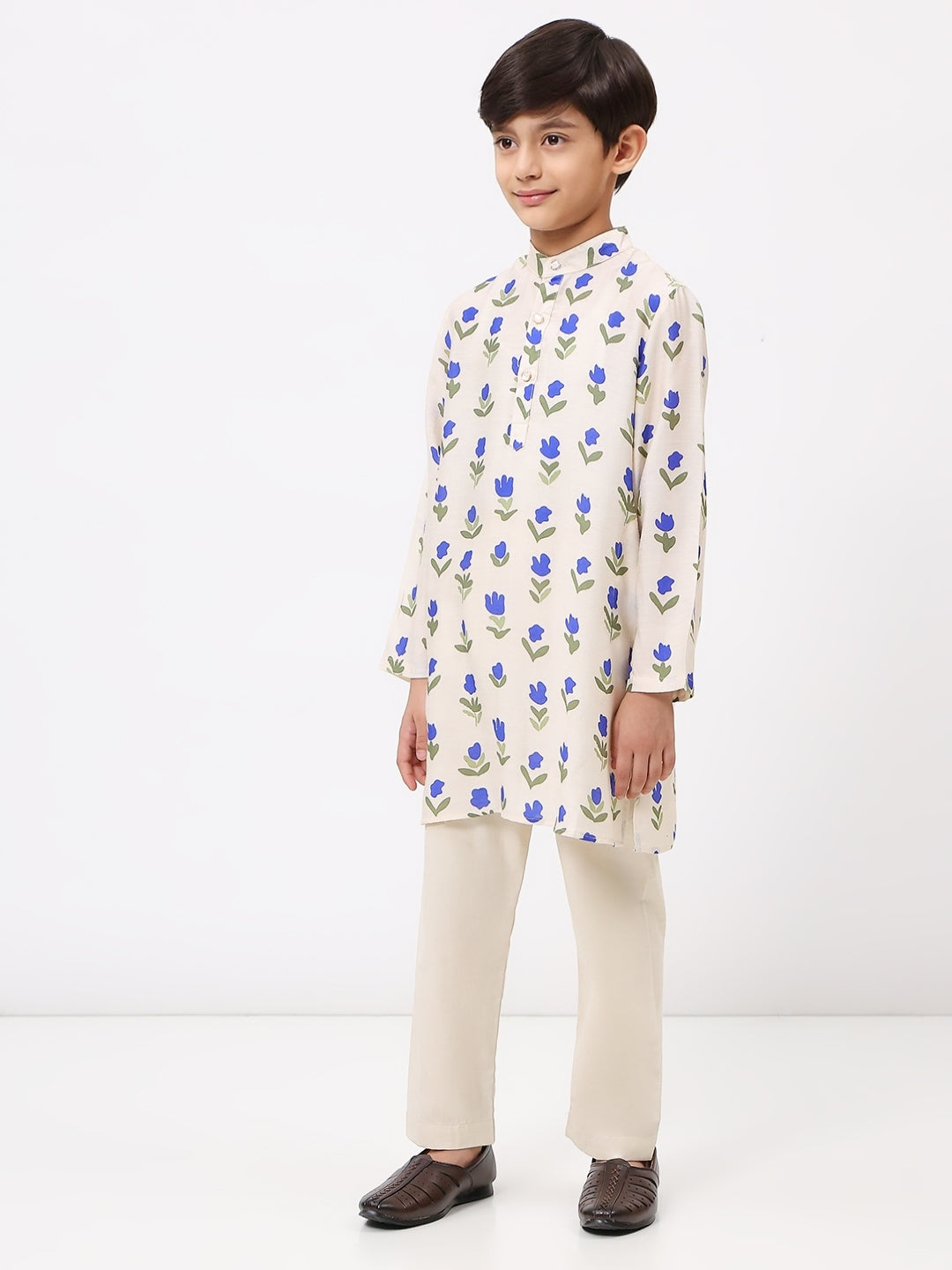 Boys Cotton Chanderi White Floral Printed Kurta Set