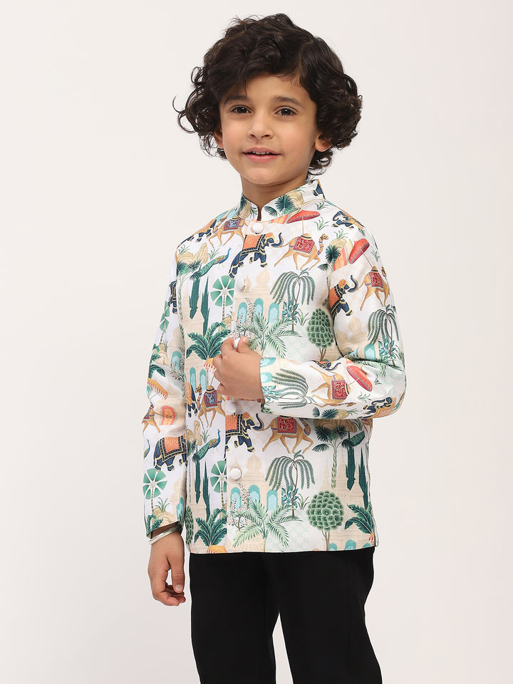 Spunkies White  Elegant Floral Printed Kids Ethnic Jacket
