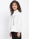 Girl's White Ribbed Puff Sleeve Sequin Bow Top