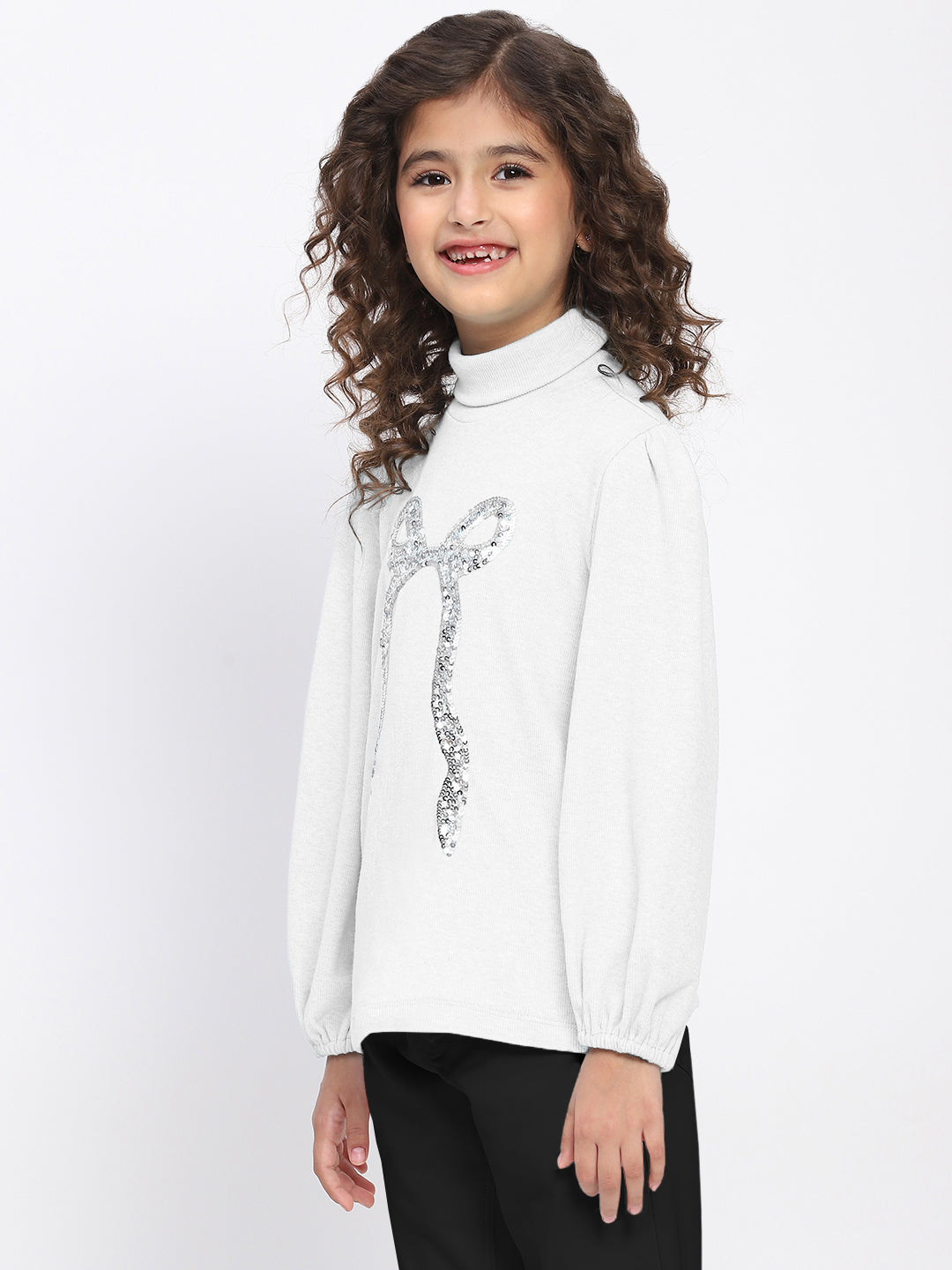Girl's White Ribbed Puff Sleeve Sequin Bow Top