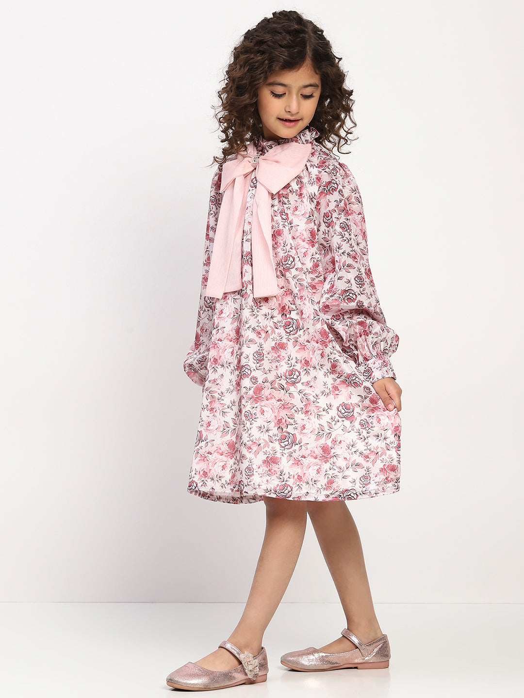 Girls Rose Pink Floral Printed Bishop Sleeves Bow Dress