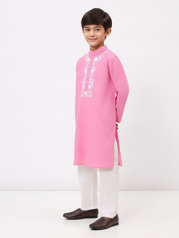 Boys Cotton Linen Pink Embroidered Kurta Set