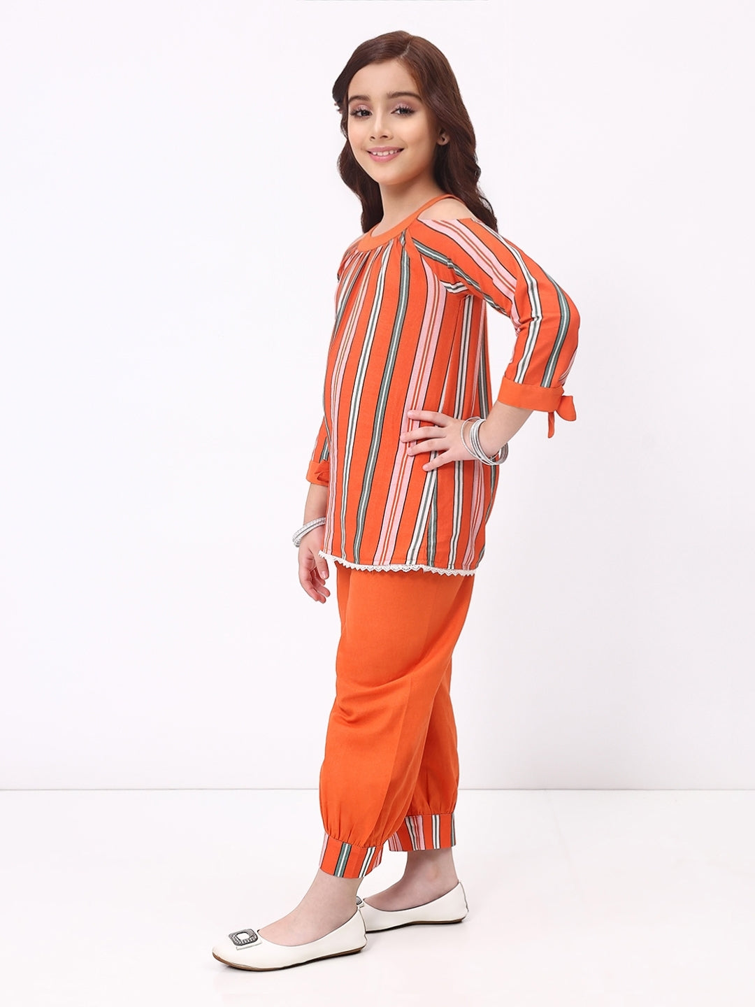 Girls Cotton Linen Orange Striped Ethnic Co-Ord Set