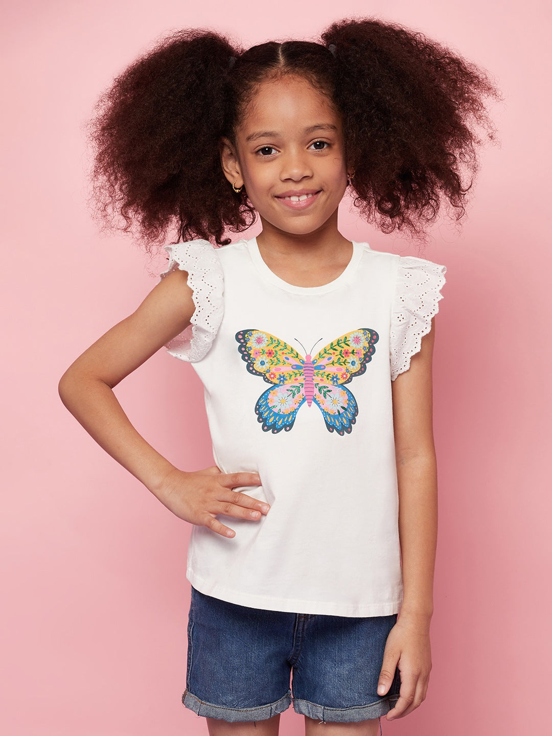 Kid Girls' White Butterfly Print T-Shirt and Pink Skirt