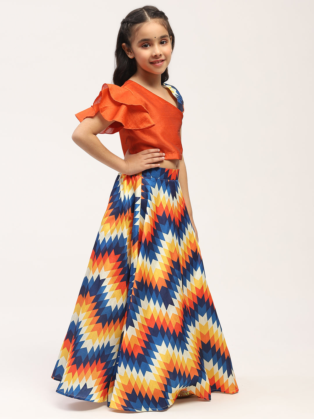 Spunkies Girls Orange and Blue Printed Lehenga with One-Shoulder Frilled Blouse Set