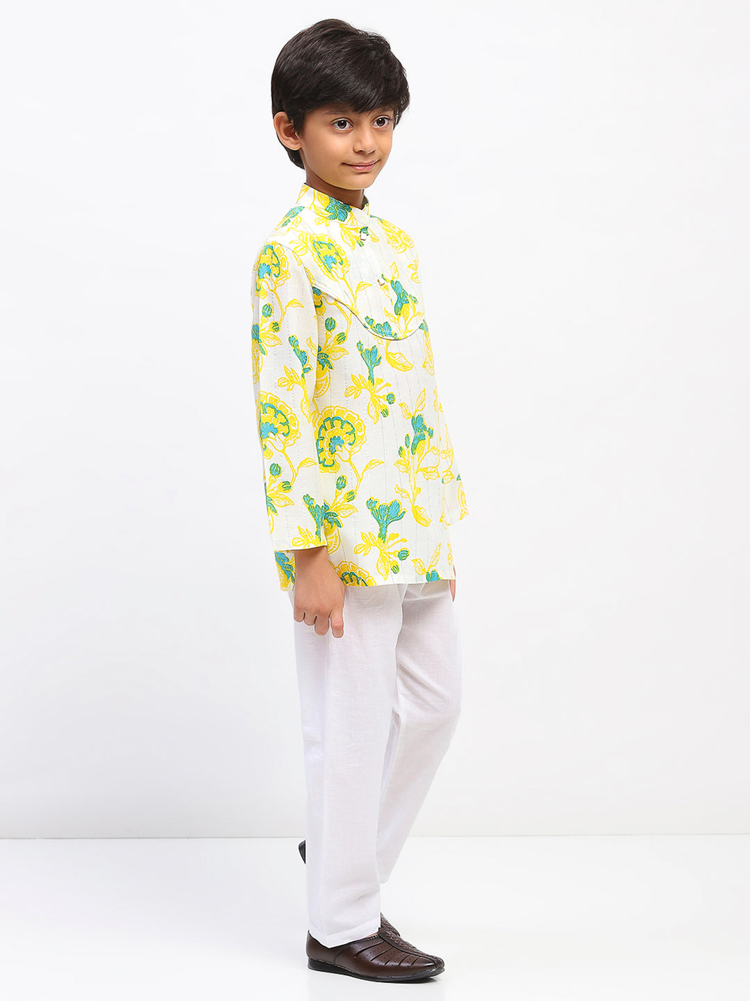 Boys White Cotton Printed Ethnic Kurta Pajama Set
