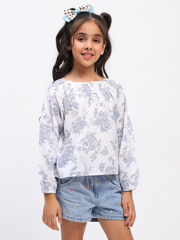 Girls White Cotton Printed Top