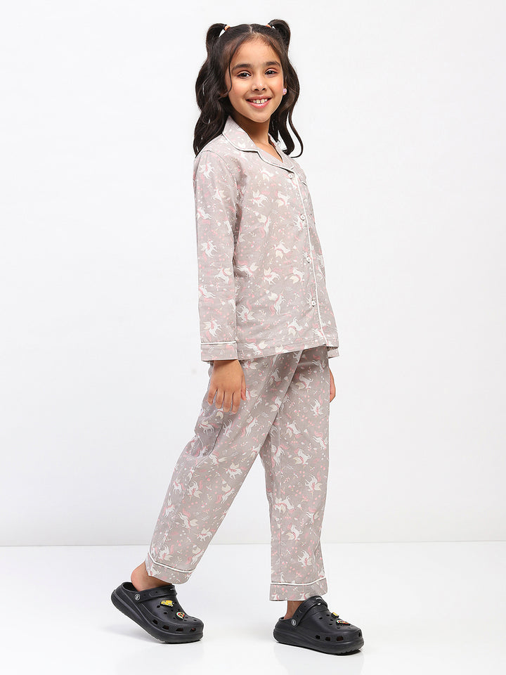 Girls Grey Printed Night Suit Shirt & Pyjama Set