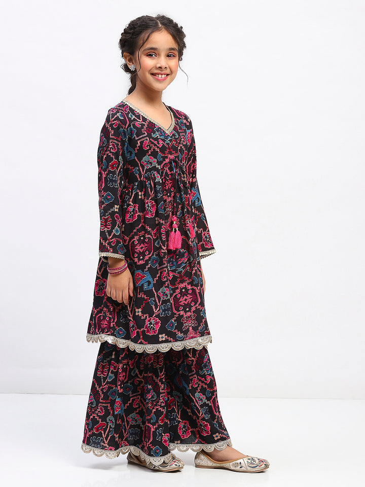Girls Floral Print Ethnic Tiered  Kurta and Sharara Set