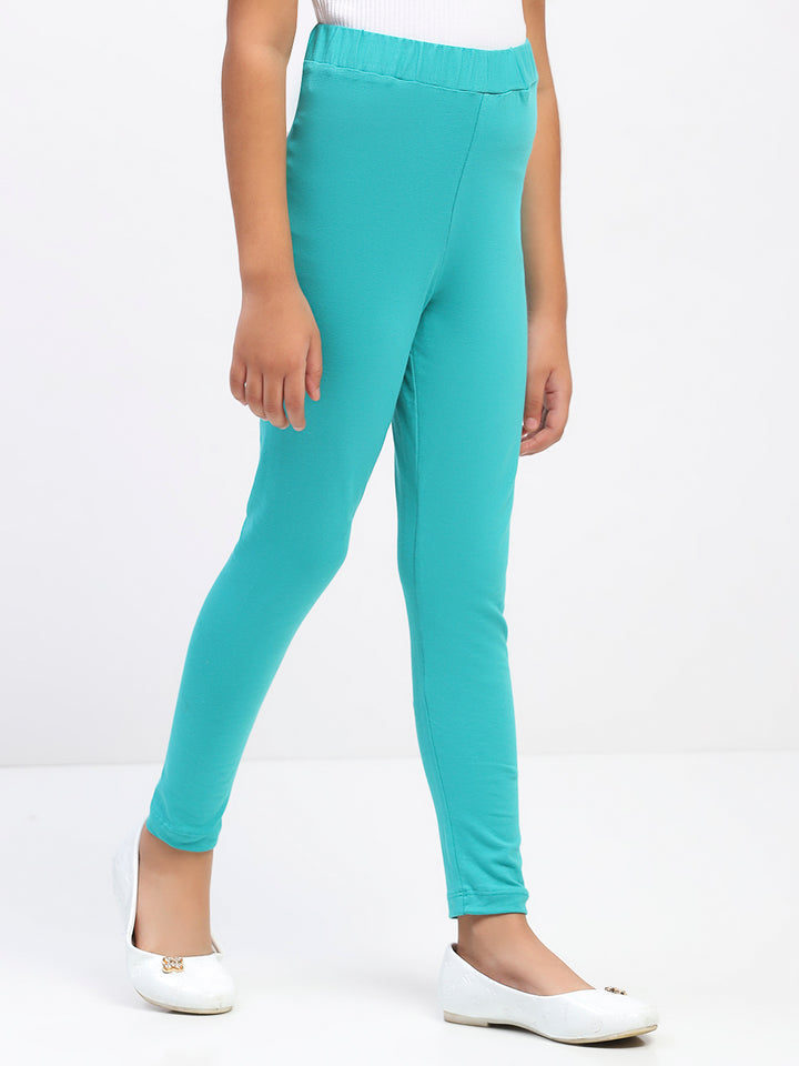 Girls Solid Green Cotton Leggings