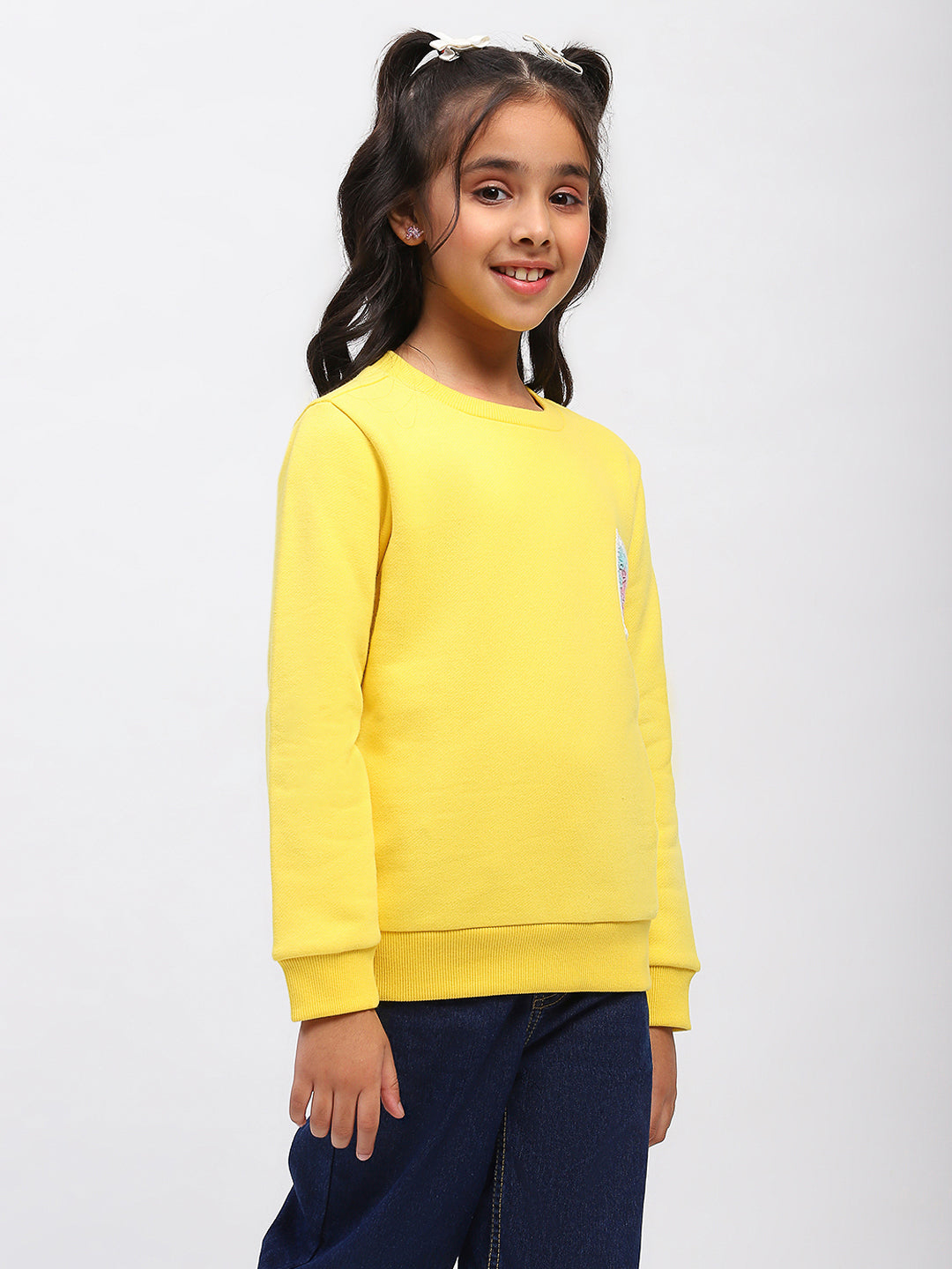 Girls Yellow Embroidered Floral Pocket Sweatshirt