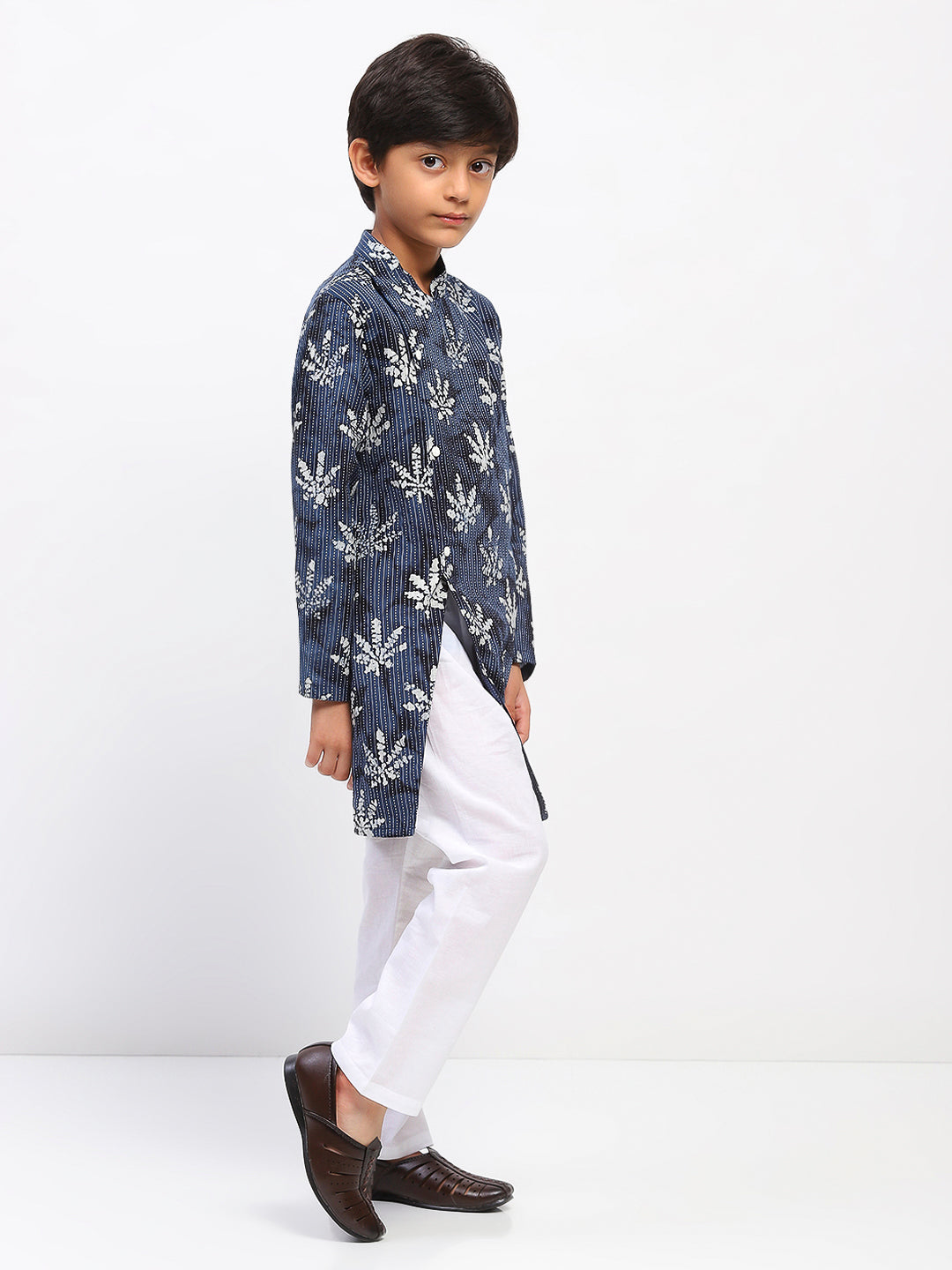 Boys Blue Cotton Printed Ethnic Kurta Pajama Set