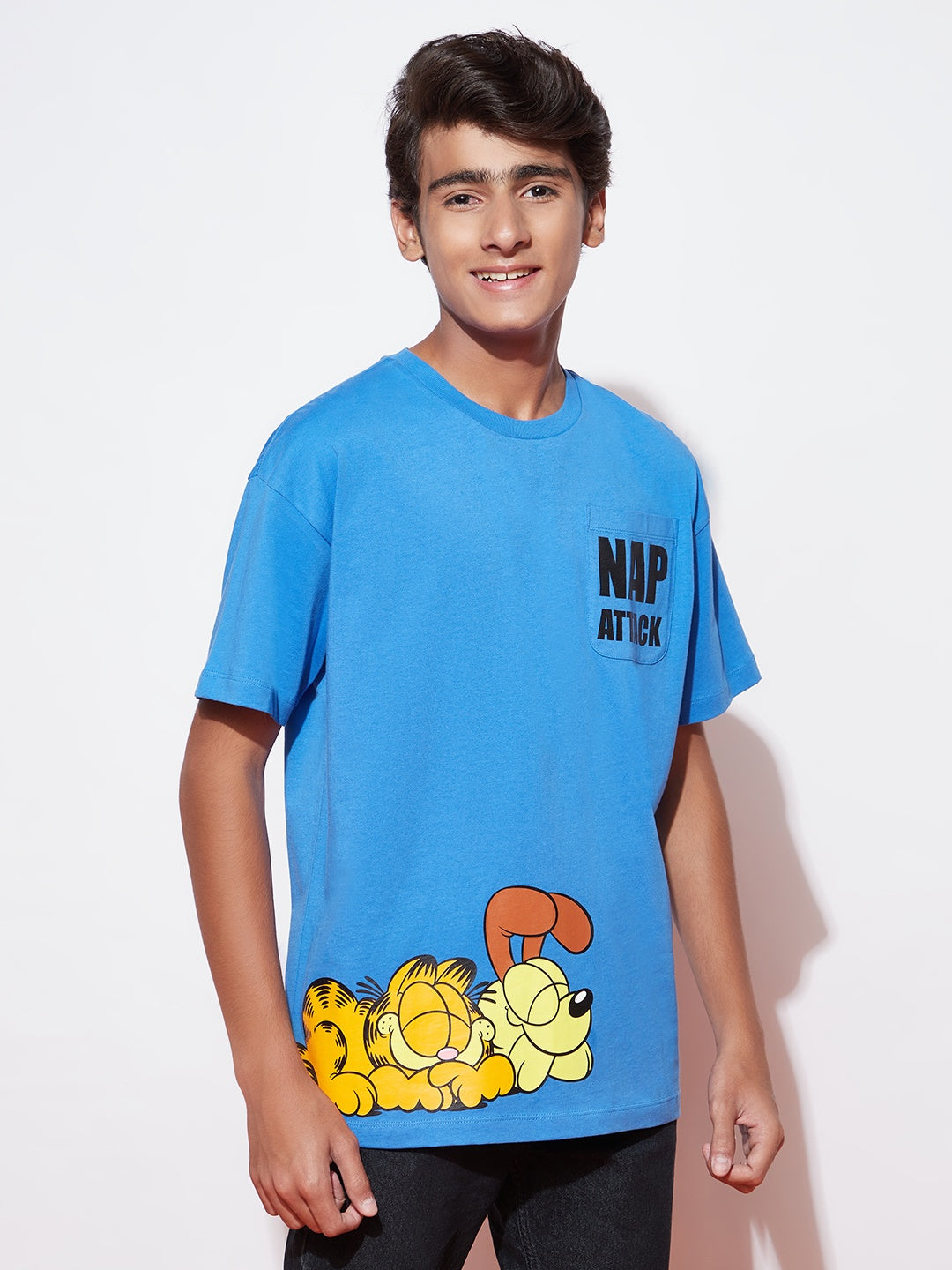 Teen Garfield and Odie blue nap-attack printed T-shirt