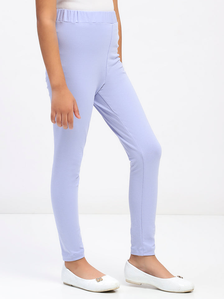 Girls Solid Sky Blue Cotton Leggings